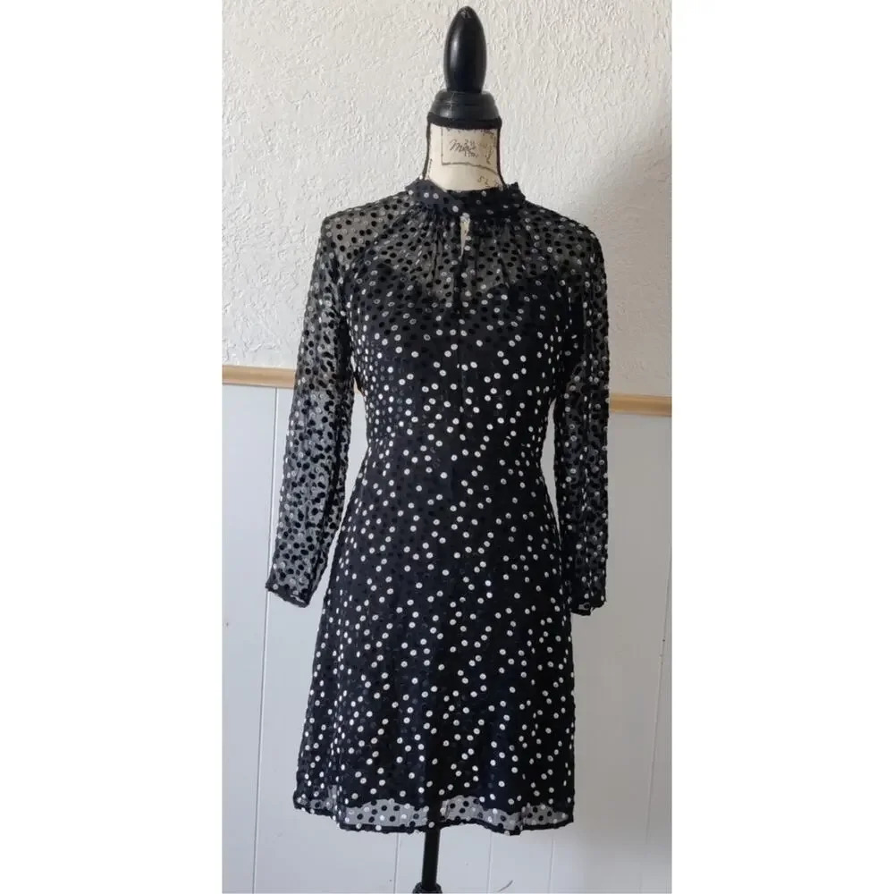 Rebecca‎ Taylor Polka Dot Dress Silk Blend Size 2 Black White 3/4 Sleeve